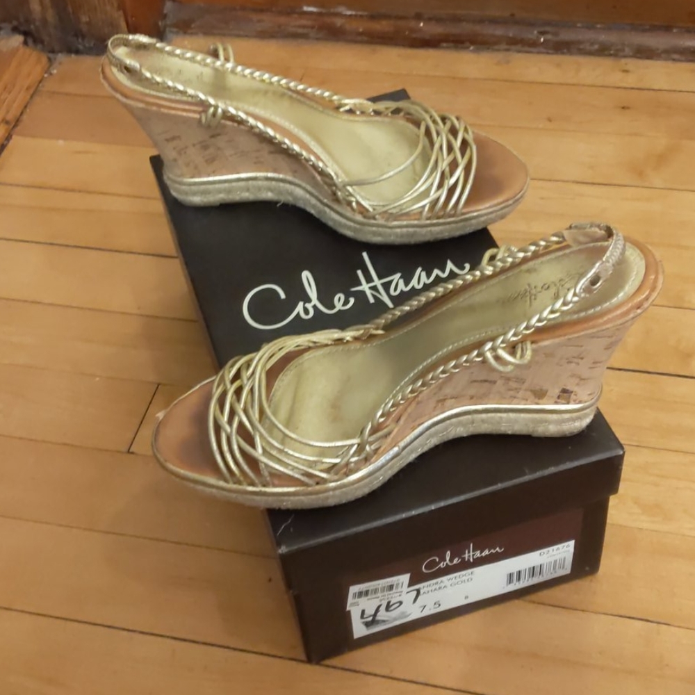 Cole Haan gold cork espadrille wedges